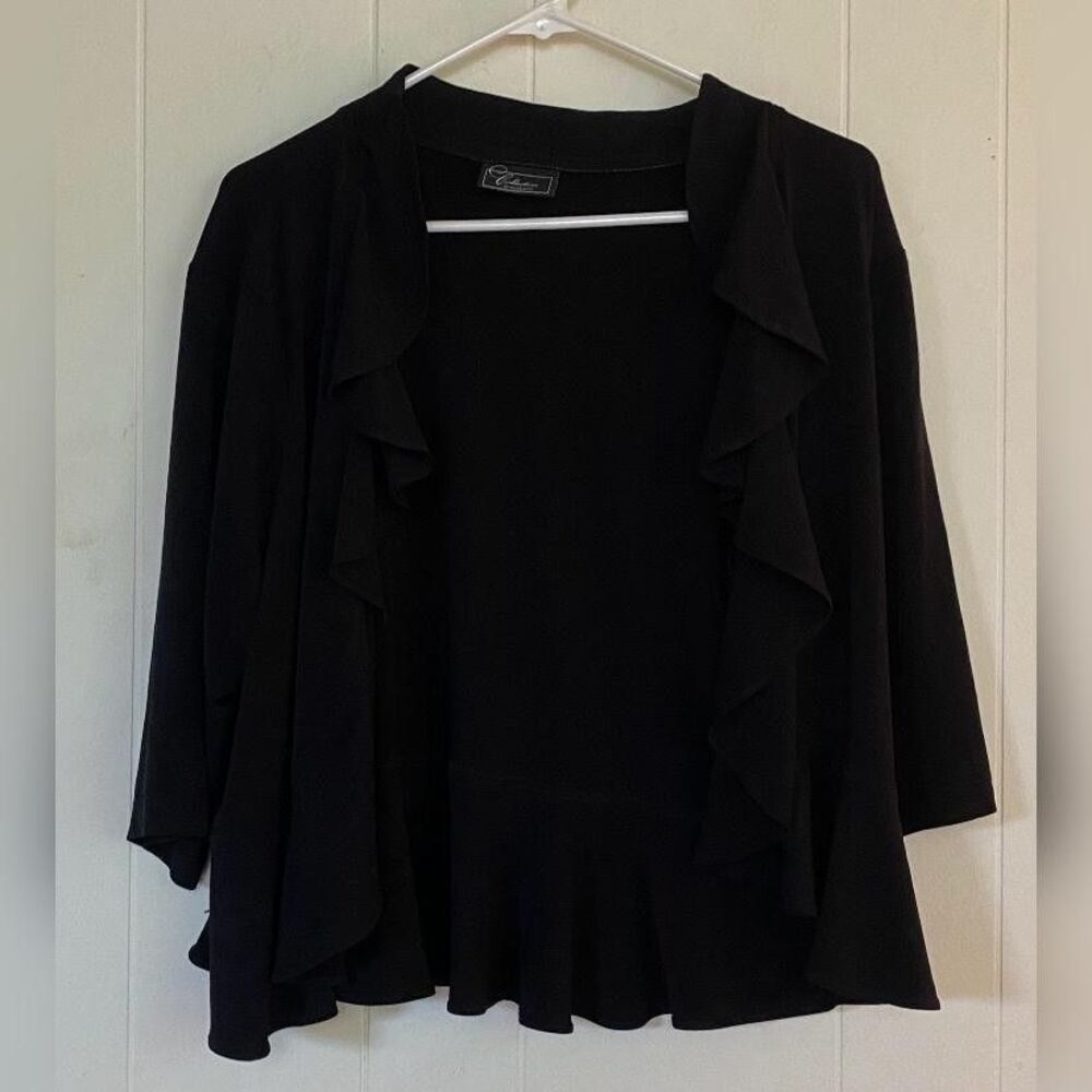Dressbarn Cardigan Sweater Women's 18/20 Black Ruffle Open Front Knit 3/4 Sleeve